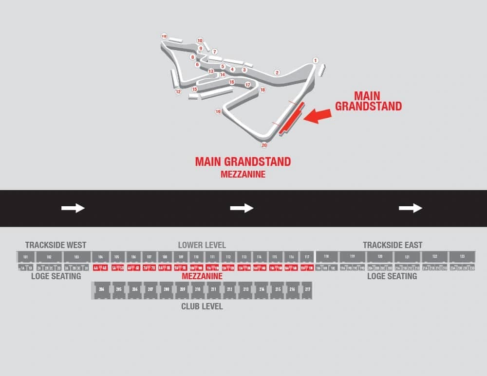 Circuit of the Americas: Seating chart, F1 Main Grandstand — Mezzanine. Use the source chart for section and row details.