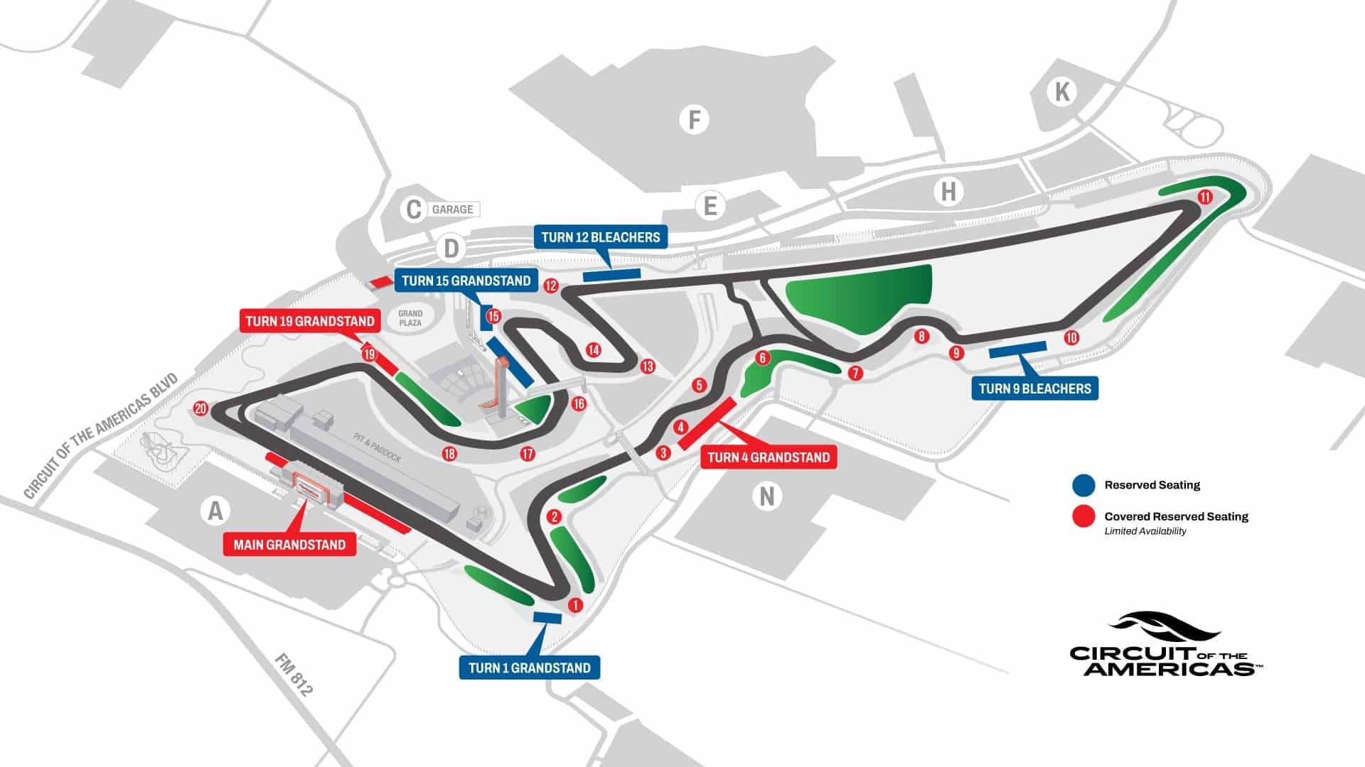 Circuit of the Americas: Seating chart, 2026 F1 grandstand locations and parking-lot orientation. Use the source chart for section and row details.