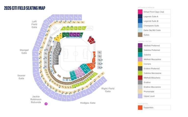 Citi Field: Seating chart, 2026 New York City FC soccer — not the Mets baseball configuration. Use the source chart for section and row details.