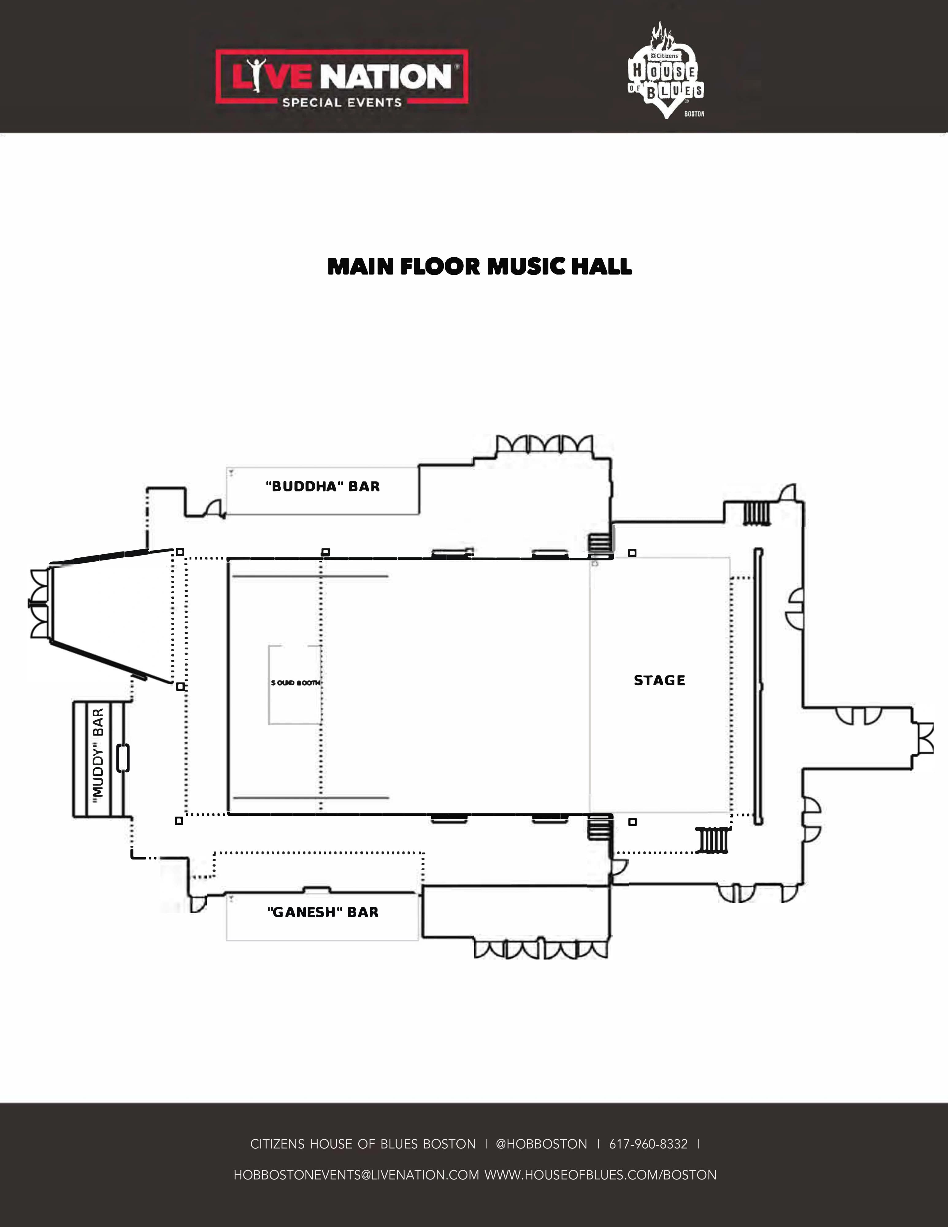 Citizens House of Blues Boston: Venue layout, Main-floor Music Hall · orientation. Use the original map for routes and visitor facilities.
