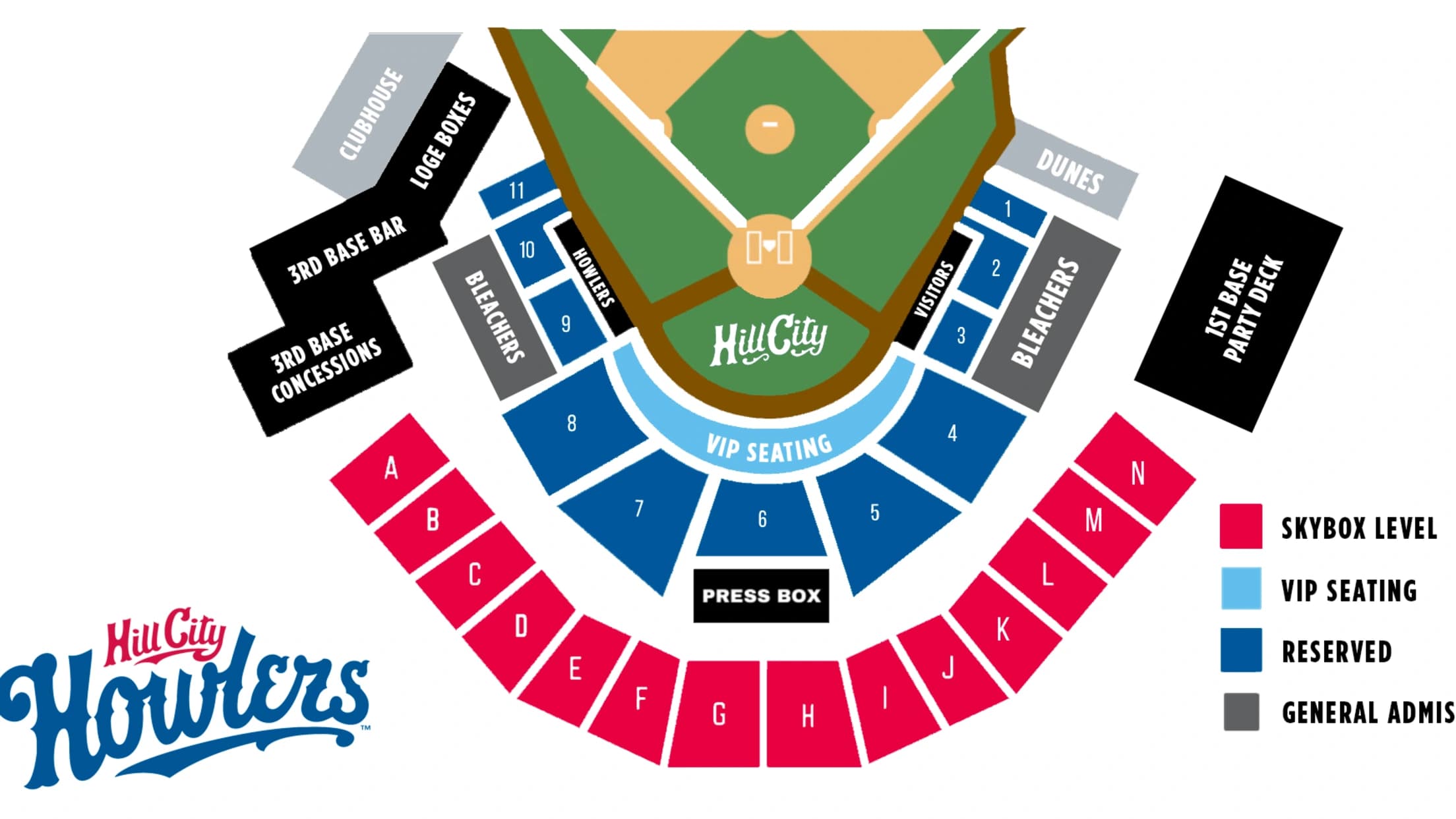 City Stadium: Seating chart, Current team lettered/numbered sections and admission zones. Use the source chart for section and row details.