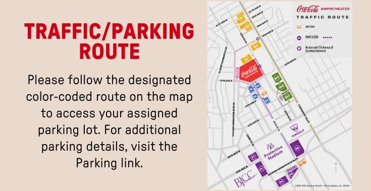 Coca-Cola Amphitheater: Venue layout, Coca-Cola Amphitheater — parking and arrival routes. Use the original map for routes and visitor facilities.