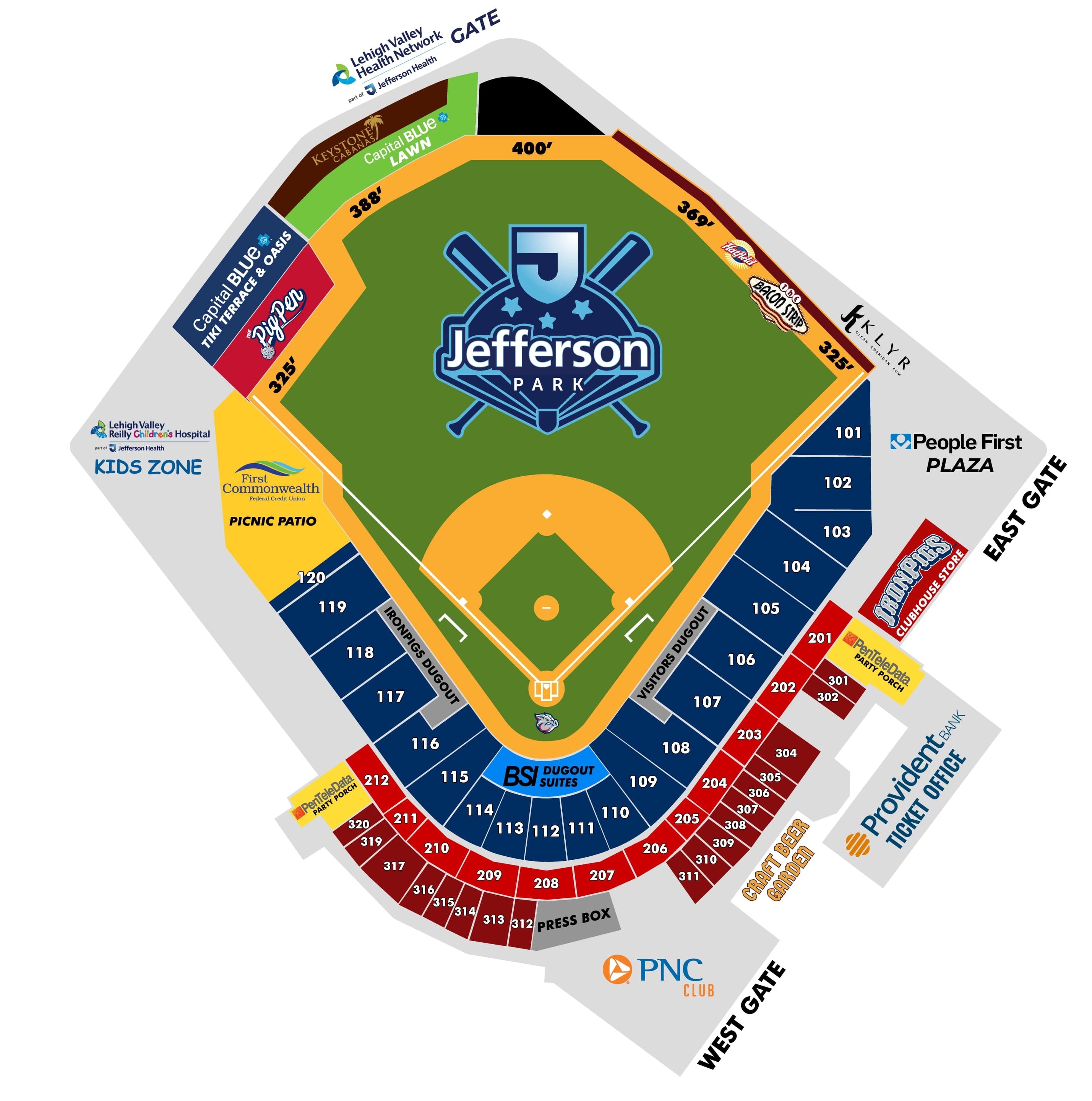 Coca-Cola Park: Seating chart, Coca-Cola Park, Allentown — official-linked seating and amenities, with announced Jefferson branding. Use the source chart for section and row details.