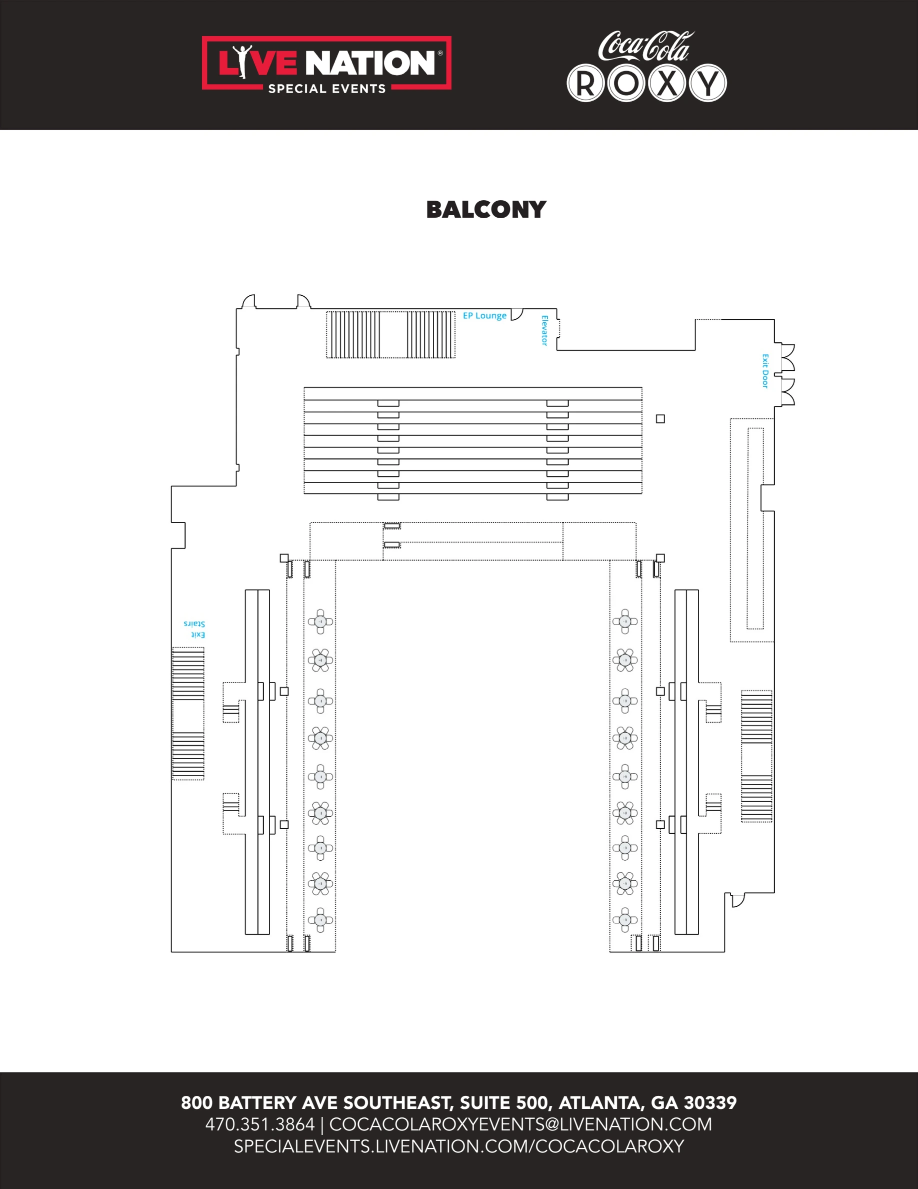 Coca-Cola Roxy: Venue layout, Coca-Cola Roxy — balcony layout. Use the original map for routes and visitor facilities.
