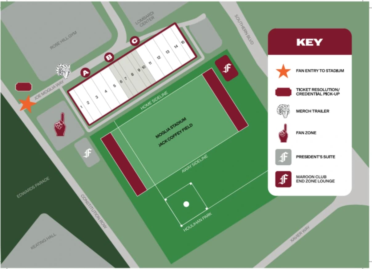 Moglia Stadium at Jack Coffey Field: Seating chart, Fordham — official August 2026 Moglia Stadium section and entrance layout. Use the source chart for section and row details.