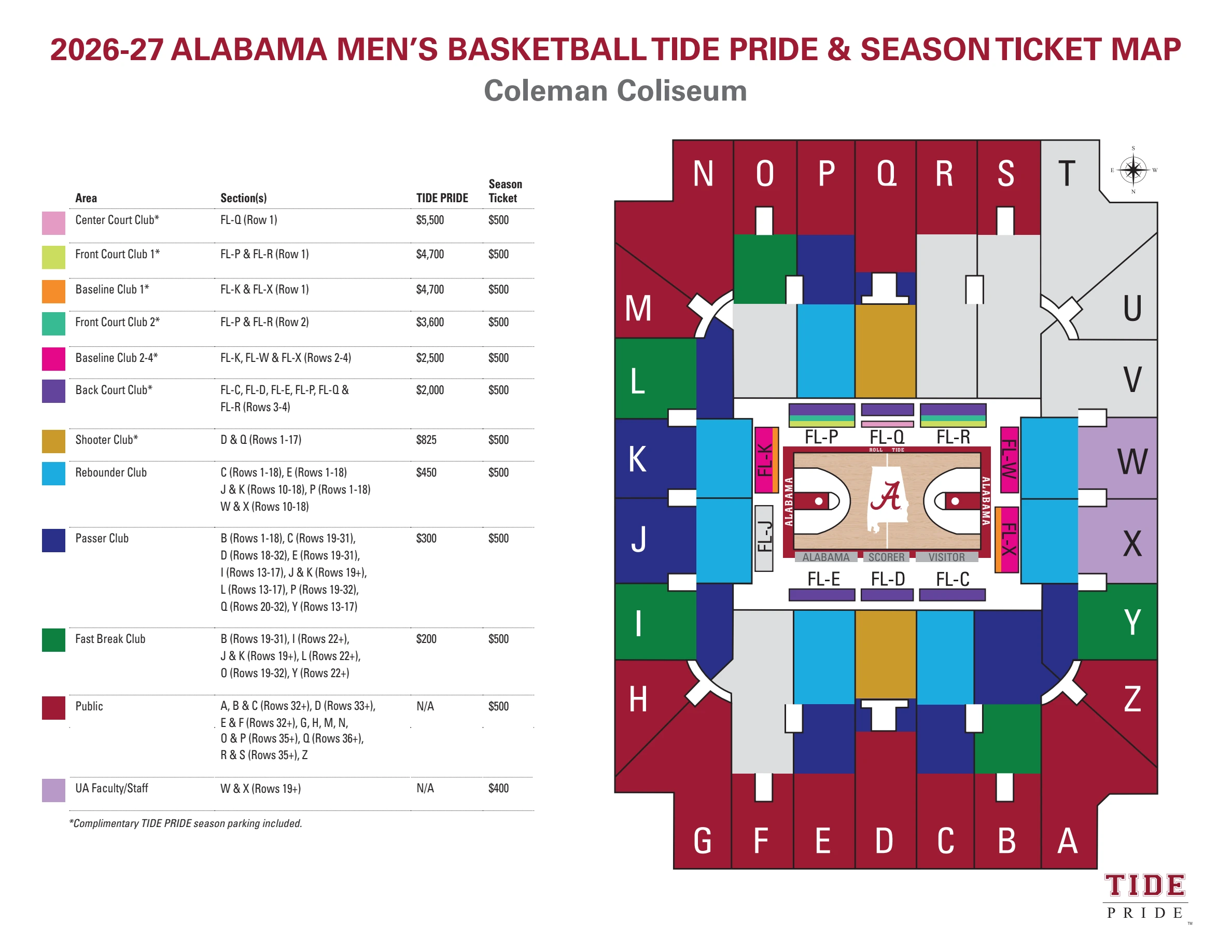 Coleman Coliseum: Seating chart, Coleman Coliseum — 2026–27 men’s basketball sections. Use the source chart for section and row details.