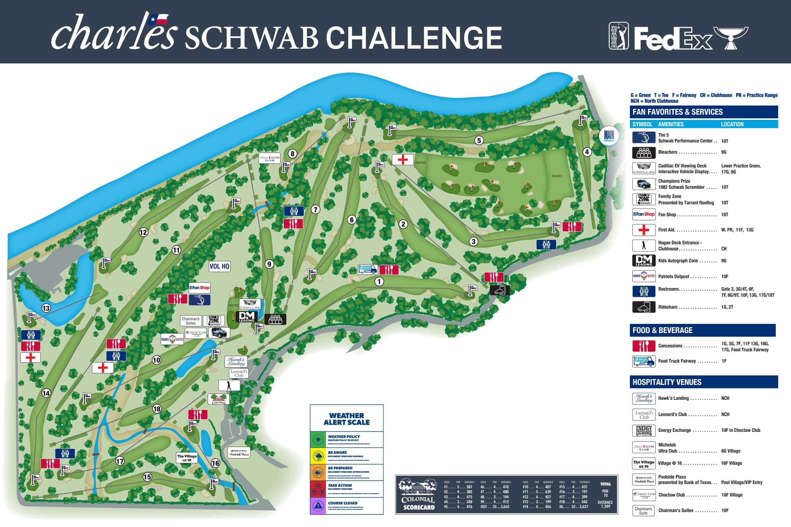 Colonial Country Club: Venue layout, 2026 event reference · Colonial Charles Schwab Challenge course and fan services. Use the original map for routes and visitor facilities.