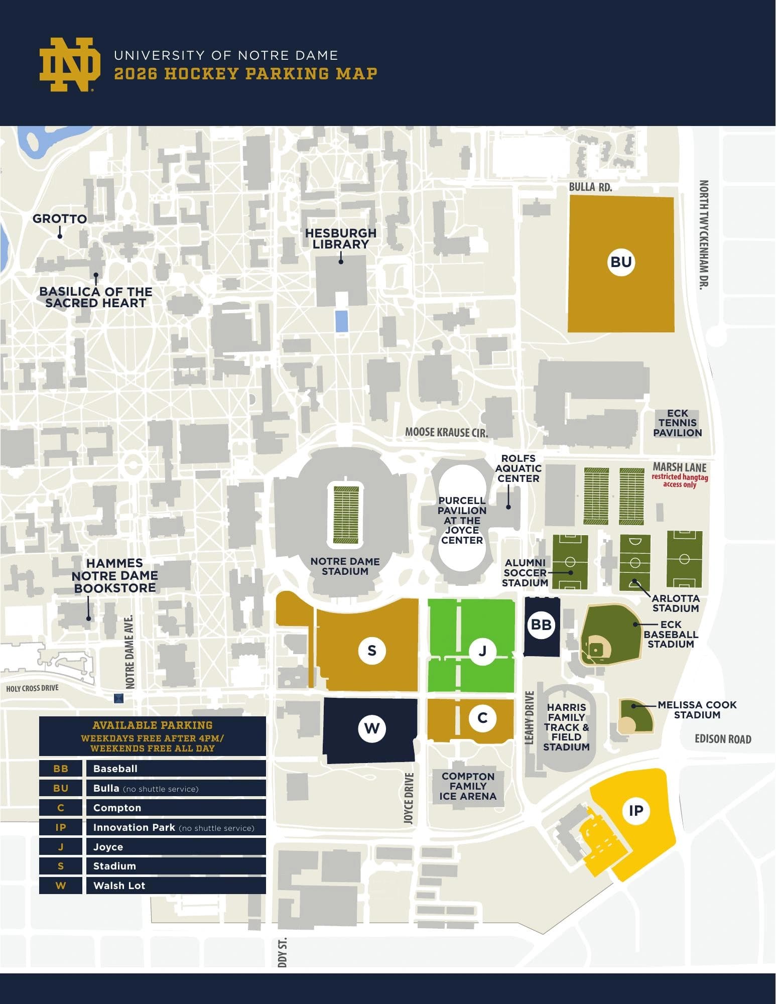 Compton Family Ice Arena: Venue layout, 2026 Notre Dame hockey parking and arena approach. Use the original map for routes and visitor facilities.