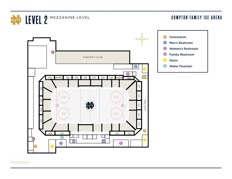 Compton Family Ice Arena: Venue layout, Compton Family Ice Arena — upper concourse amenities. Use the original map for routes and visitor facilities.