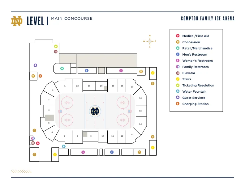 Compton Family Ice Arena: Venue layout, Compton Family Ice Arena — main concourse amenities. Use the original map for routes and visitor facilities.