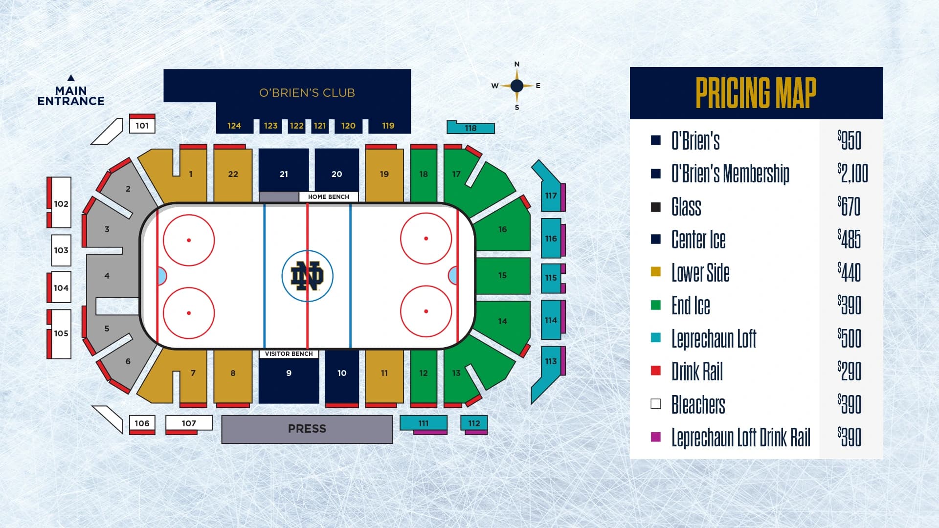 Compton Family Ice Arena: Seating chart, Compton Family Ice Arena — 2023–24 hockey reference. Use the source chart for section and row details.