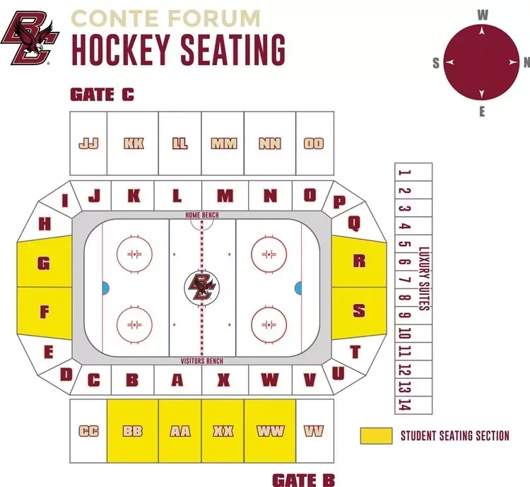 Conte Forum: Seating chart, Kelley Rink hockey; 2015–16 chart. Use the source chart for section and row details.