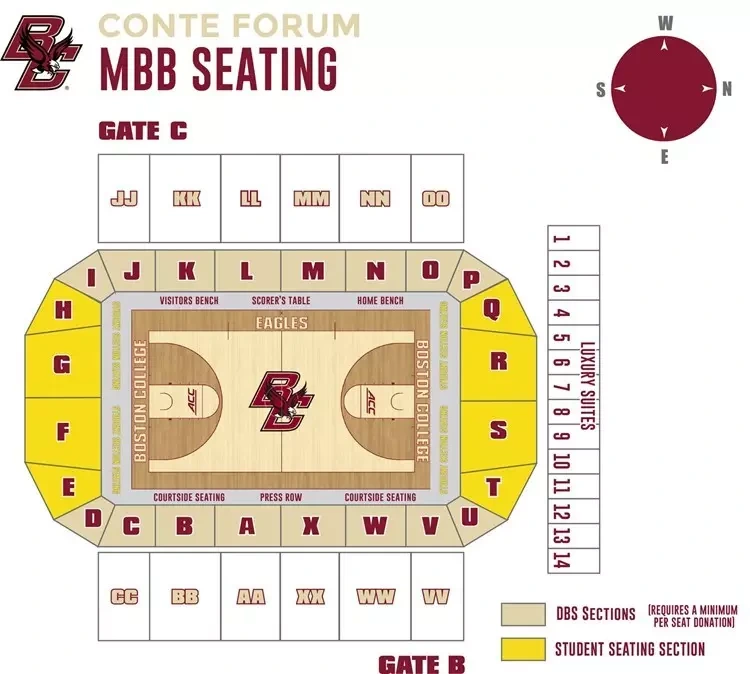 Conte Forum: Seating chart, Men’s basketball; 2015–16 chart. Use the source chart for section and row details.