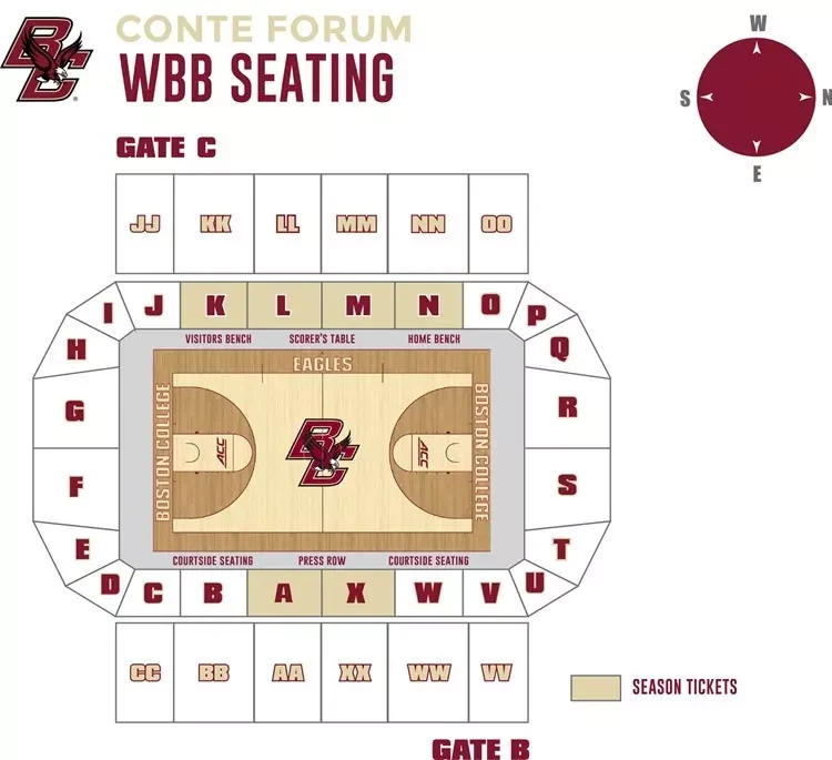 Conte Forum: Seating chart, Women’s basketball; 2015–16 chart. Use the source chart for section and row details.