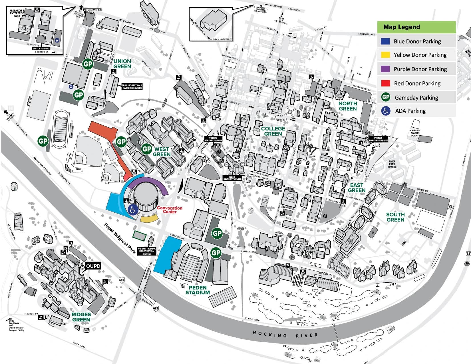 Convocation Center: Venue layout, Men’s basketball parking · 2023 source. Use the original map for routes and visitor facilities.