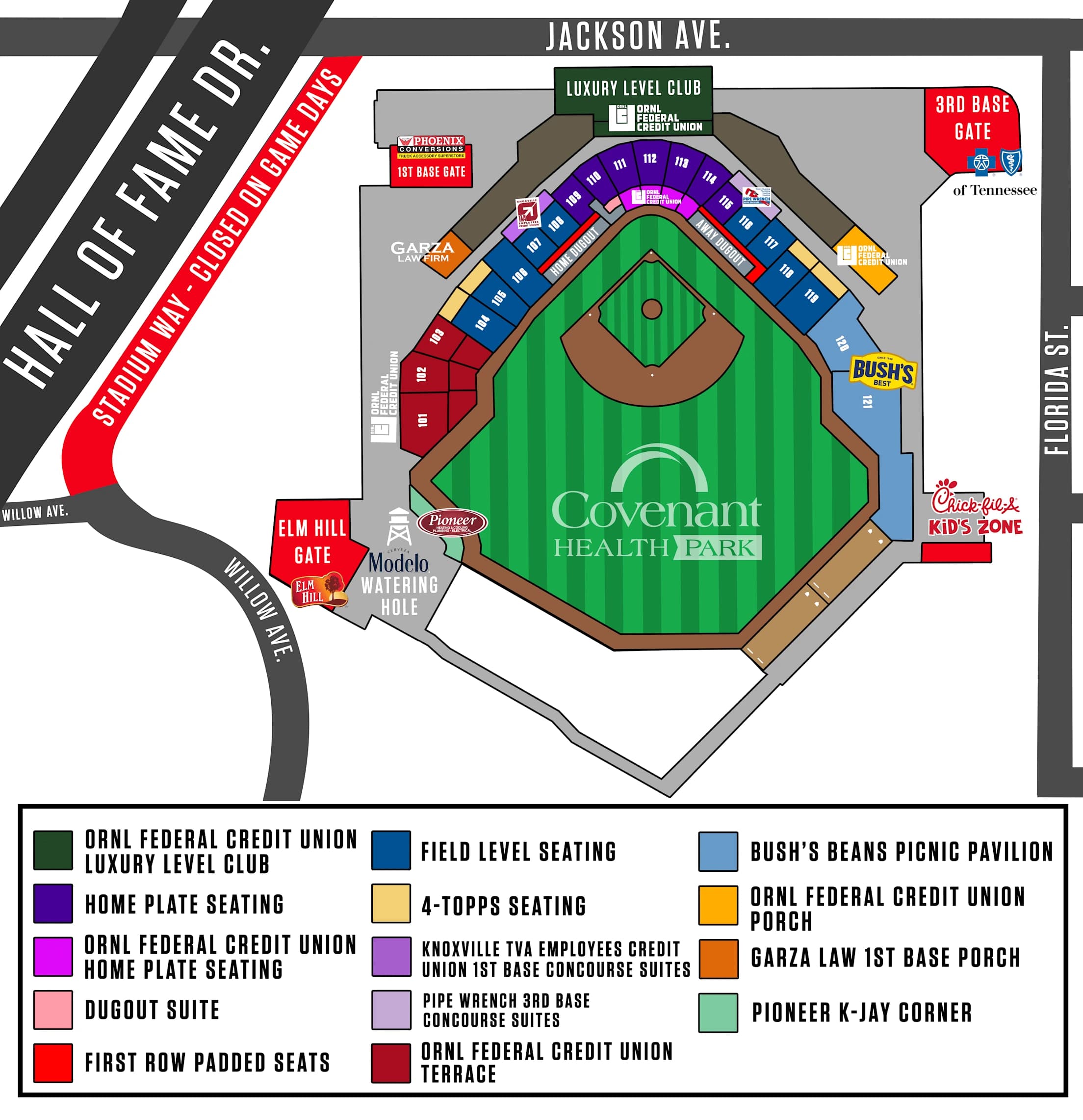 Covenant Health Park: Seating chart, Baseball · Covenant Health Park sections and three gates. Use the source chart for section and row details.