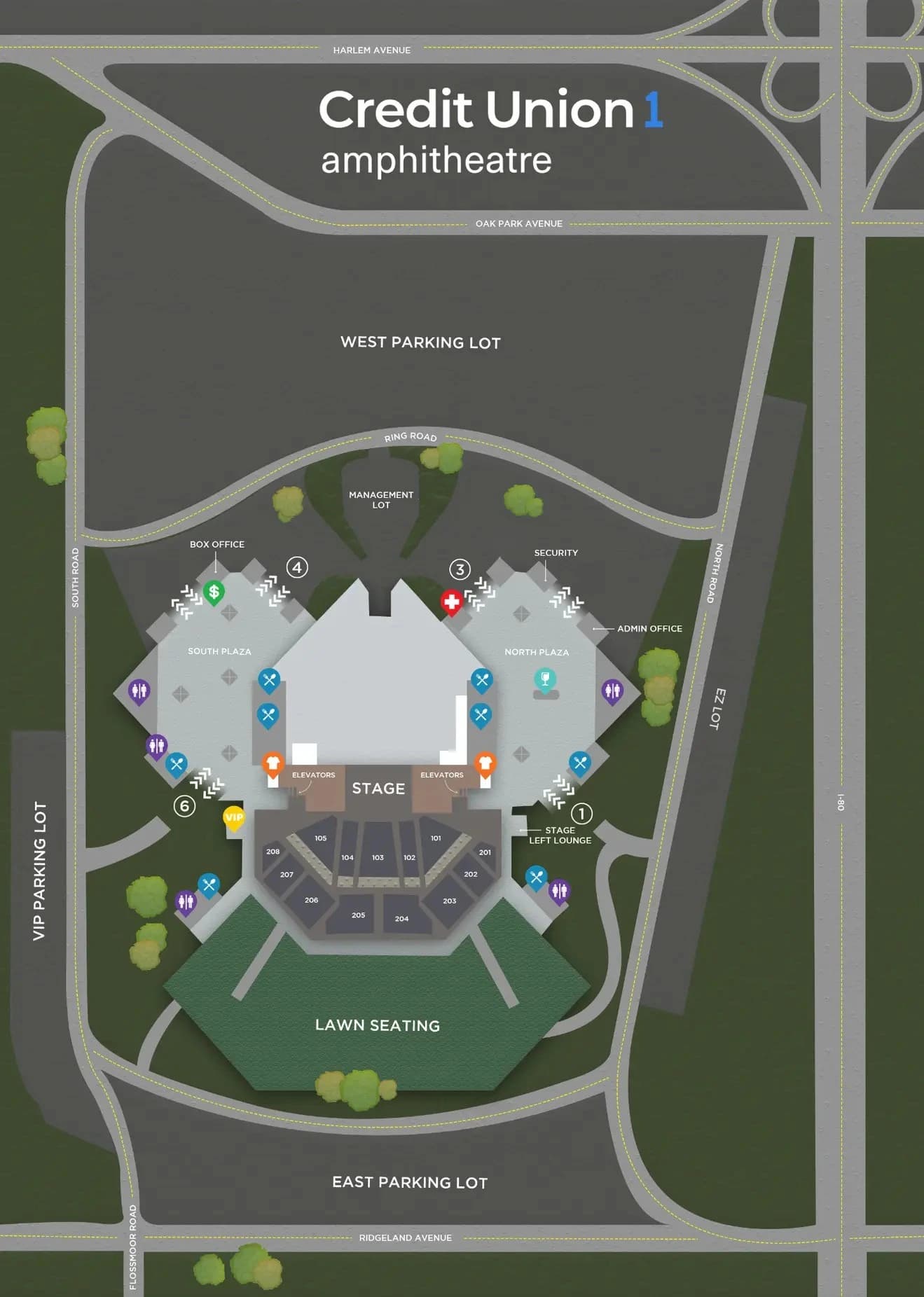 Credit Union 1 Amphitheatre: Venue layout, Concert pavilion — lawn, access routes, and amenities. Use the original map for routes and visitor facilities.