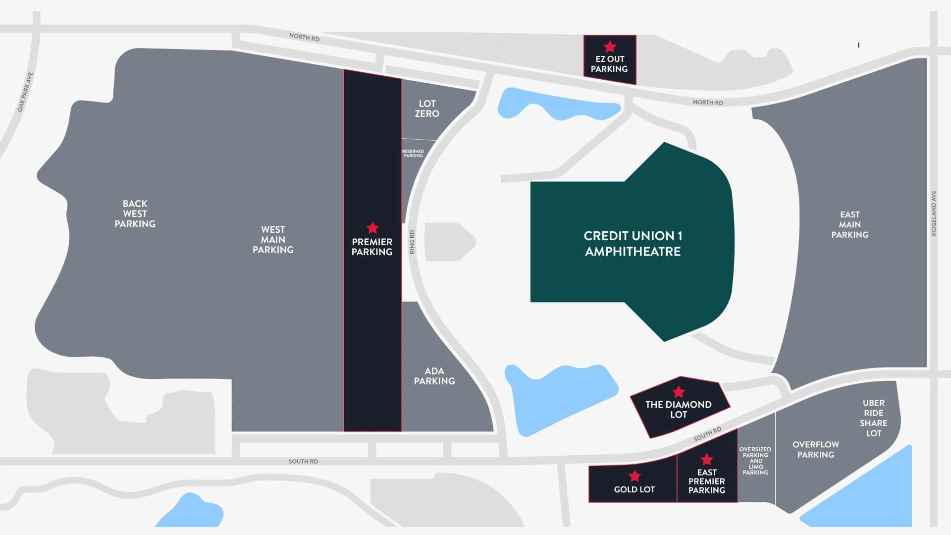 Credit Union 1 Amphitheatre: Venue layout, Credit Union 1 Amphitheatre — parking and rideshare. Use the original map for routes and visitor facilities.