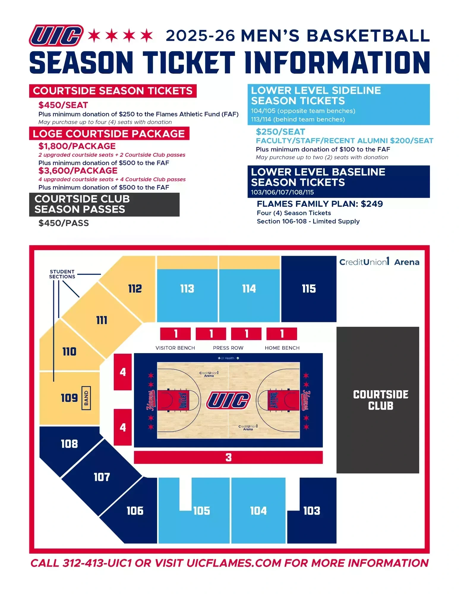 Credit Union 1 Arena: Seating chart, Men’s basketball — 2025–26 lower bowl and courtside seating. Use the source chart for section and row details.