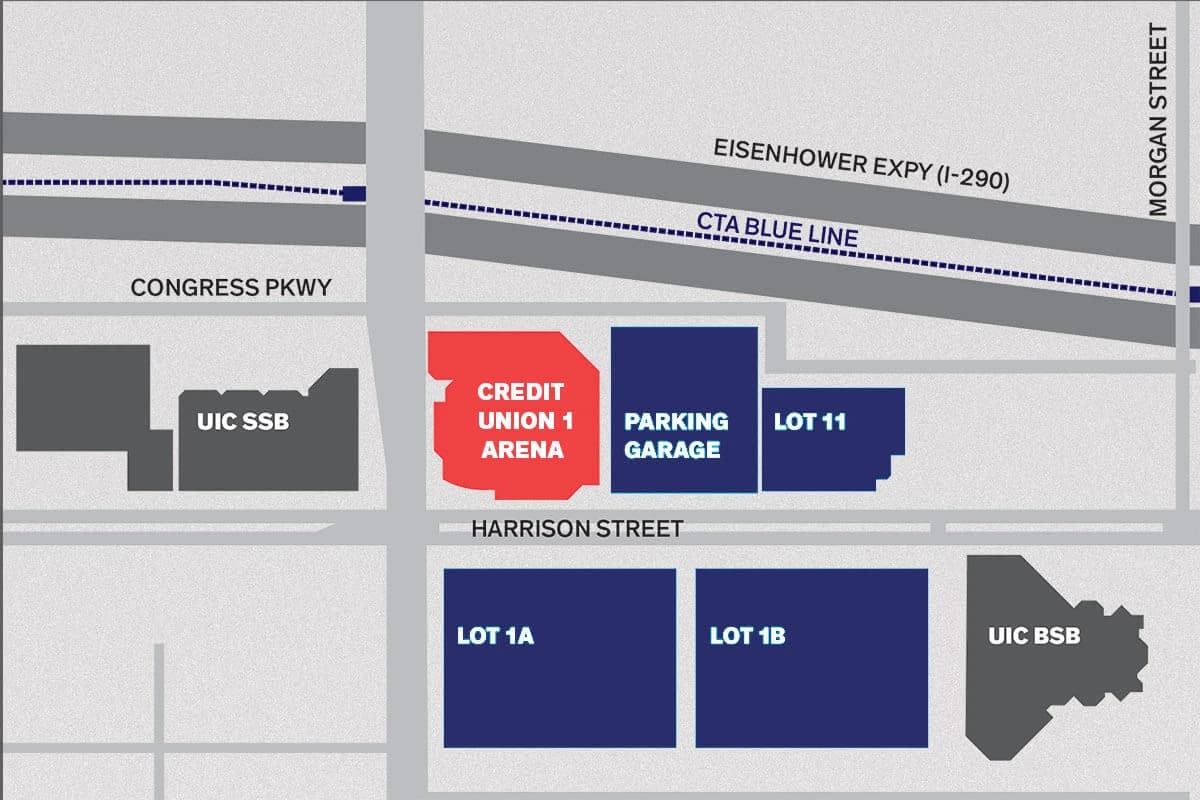 Credit Union 1 Arena: Venue layout, Chicago arena — Harrison/Racine parking lots and garage. Use the original map for routes and visitor facilities.