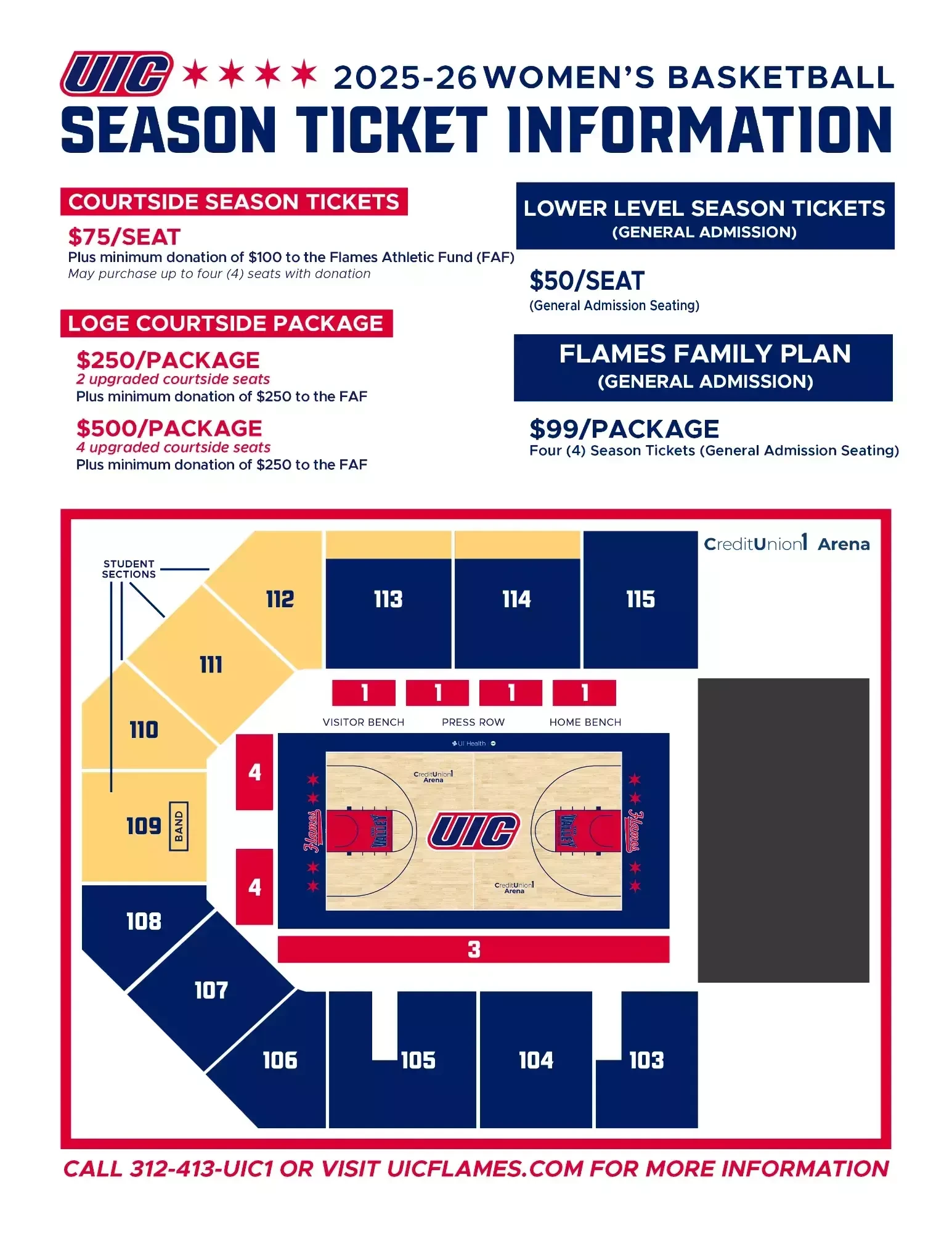 Credit Union 1 Arena: Seating chart, Women’s basketball — 2025–26 lower bowl and courtside seating. Use the source chart for section and row details.