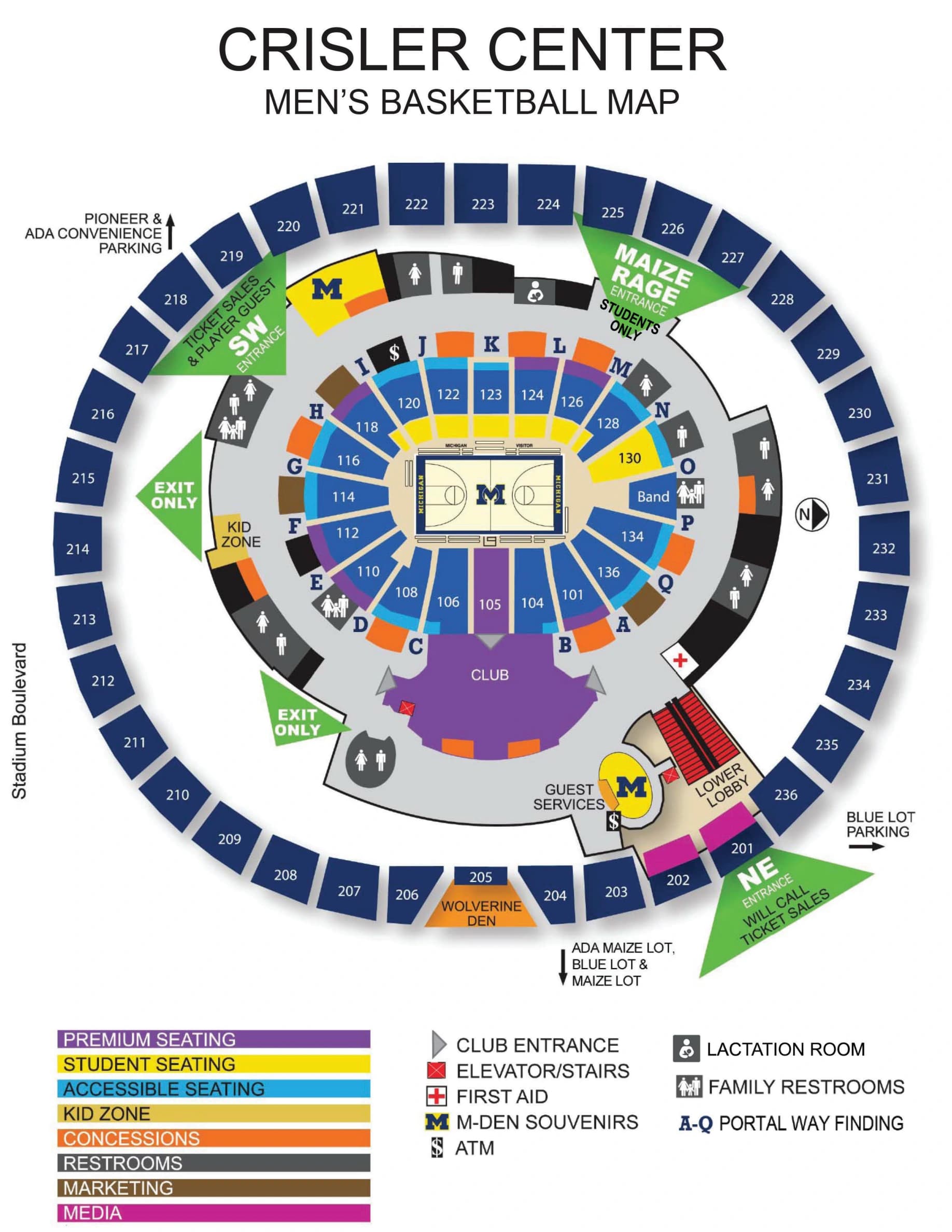 Crisler Center: Seating chart, Men's basketball. Use the source chart for section and row details.