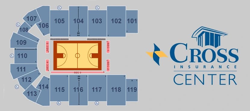Cross Insurance Center: Seating chart, Harlem Globetrotters — court with reserved courtside. Use the source chart for section and row details.
