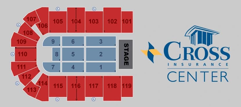 Cross Insurance Center: Seating chart, Concert — full house with reserved floor. Use the source chart for section and row details.