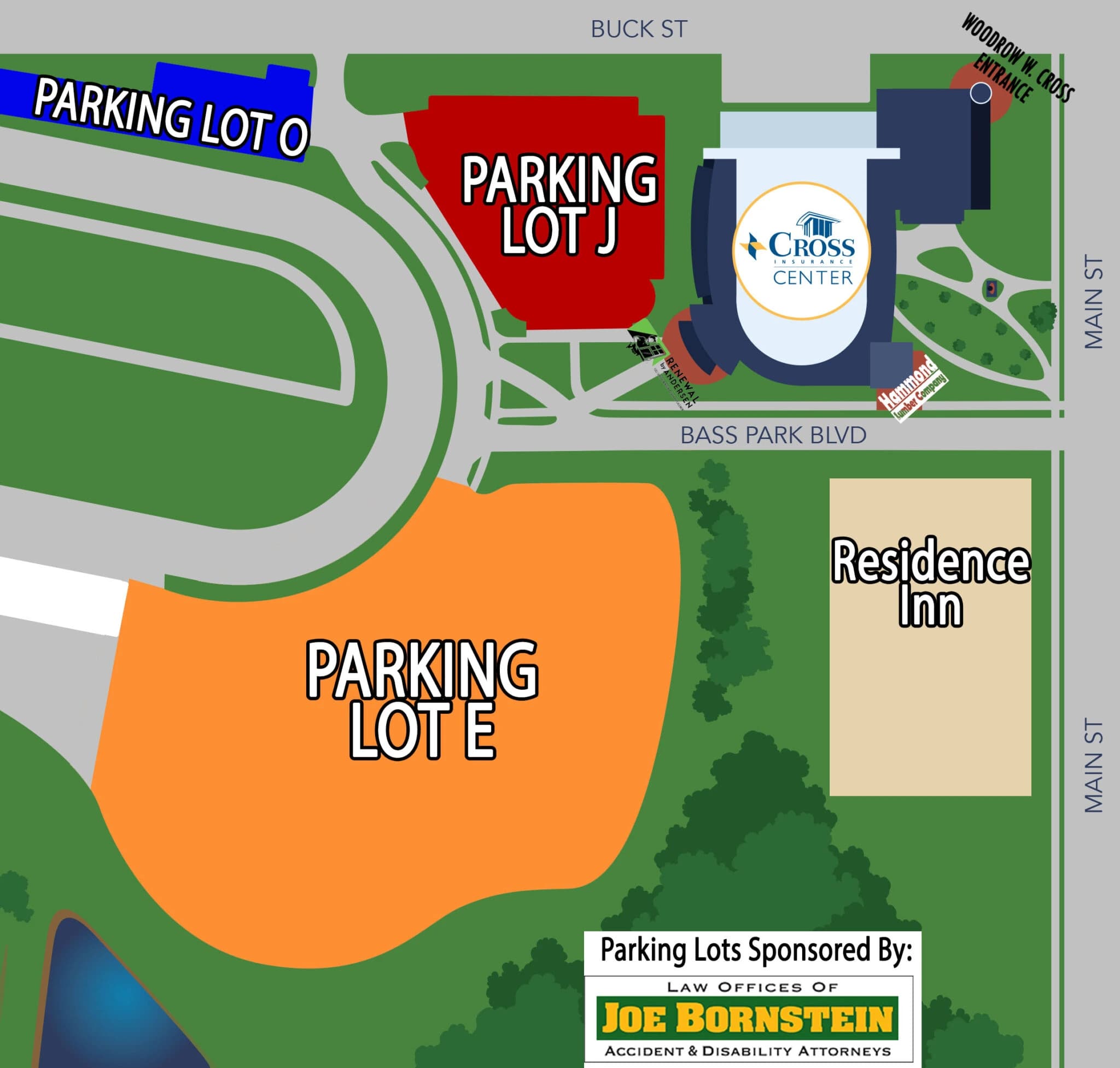 Cross Insurance Center: Venue layout, Bangor arena — parking Lots J, O and E. Use the original map for routes and visitor facilities.
