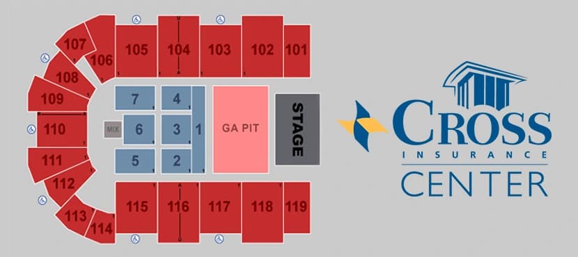 Cross Insurance Center: Seating chart, Concert — general-admission pit and reserved floor. Use the source chart for section and row details.