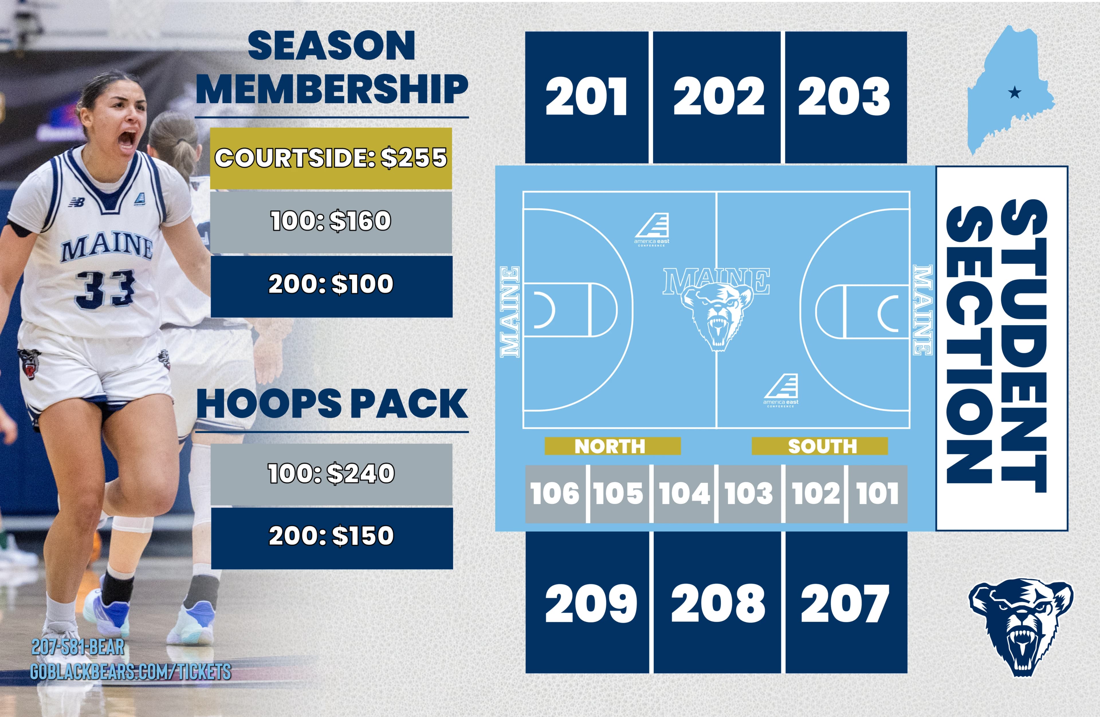 Cross Insurance Center: Seating chart, Maine basketball — published 2023–24 section diagram. Use the source chart for section and row details.