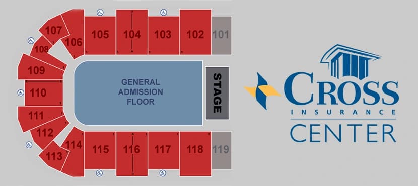 Cross Insurance Center: Seating chart, Concert — general-admission standing floor. Use the source chart for section and row details.