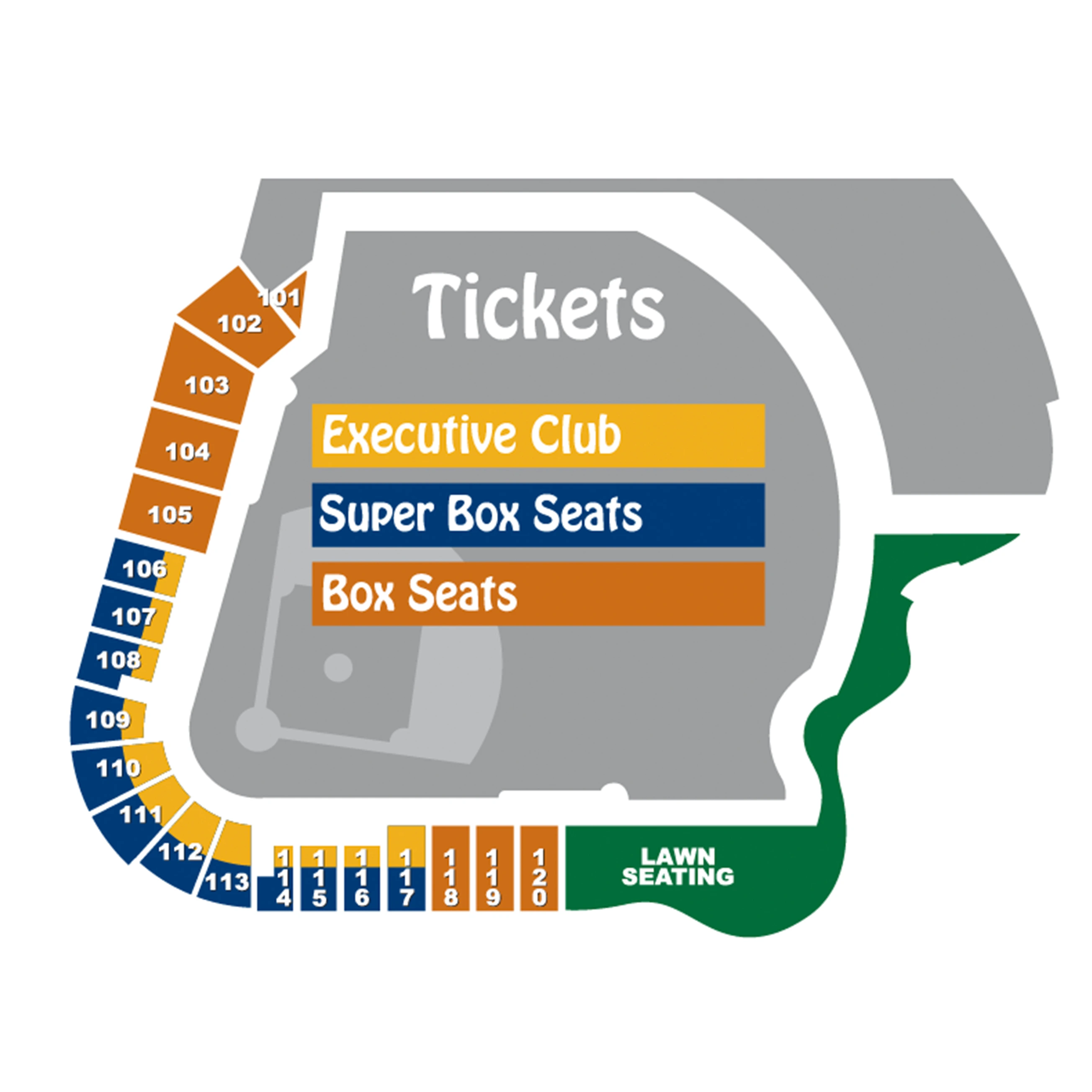 DABOS Park: Seating chart, Baseball · DABOS Park sections and lawn. Use the source chart for section and row details.