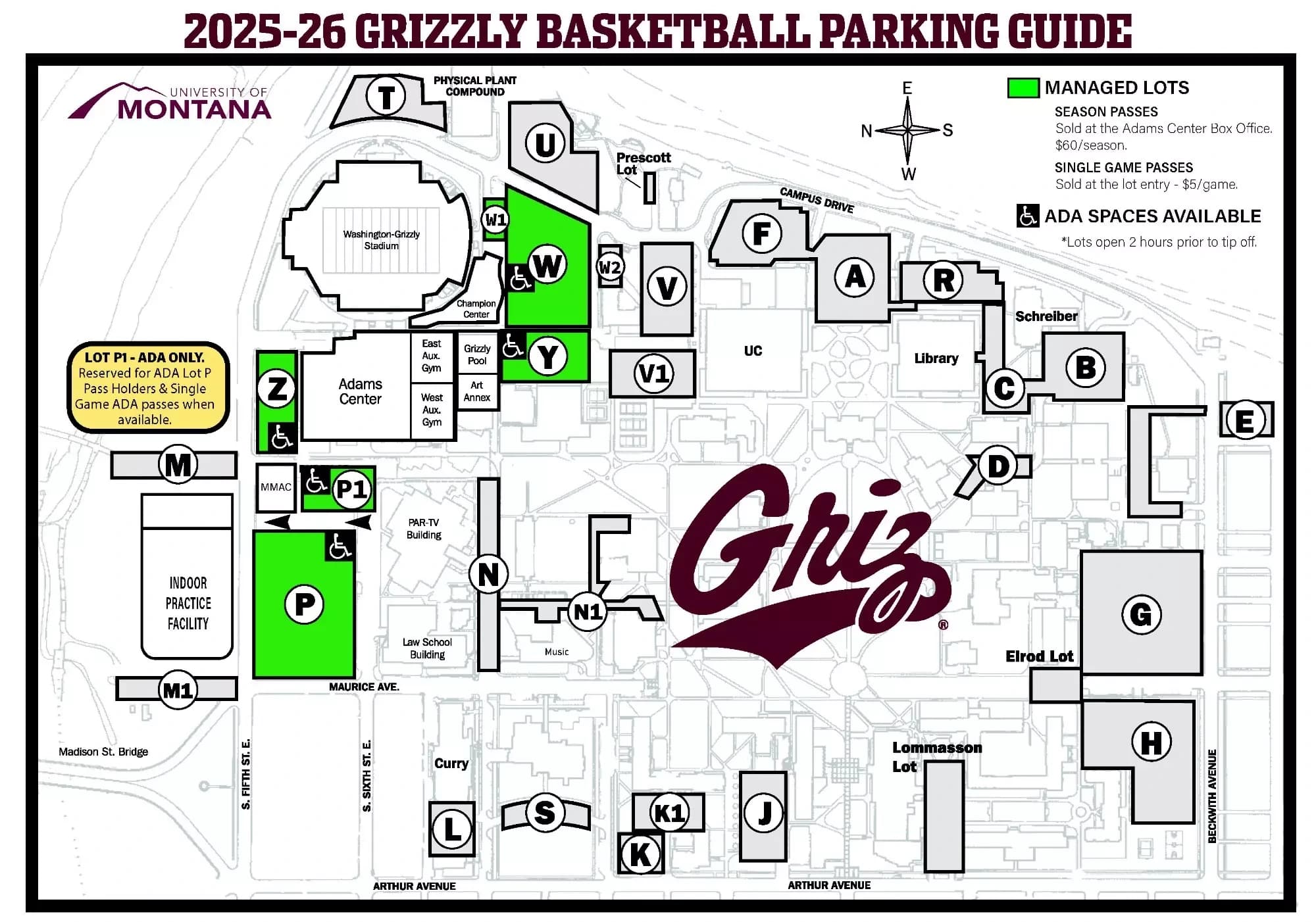 Dahlberg Arena: Venue layout, Basketball parking · 2025–26. Use the original map for routes and visitor facilities.