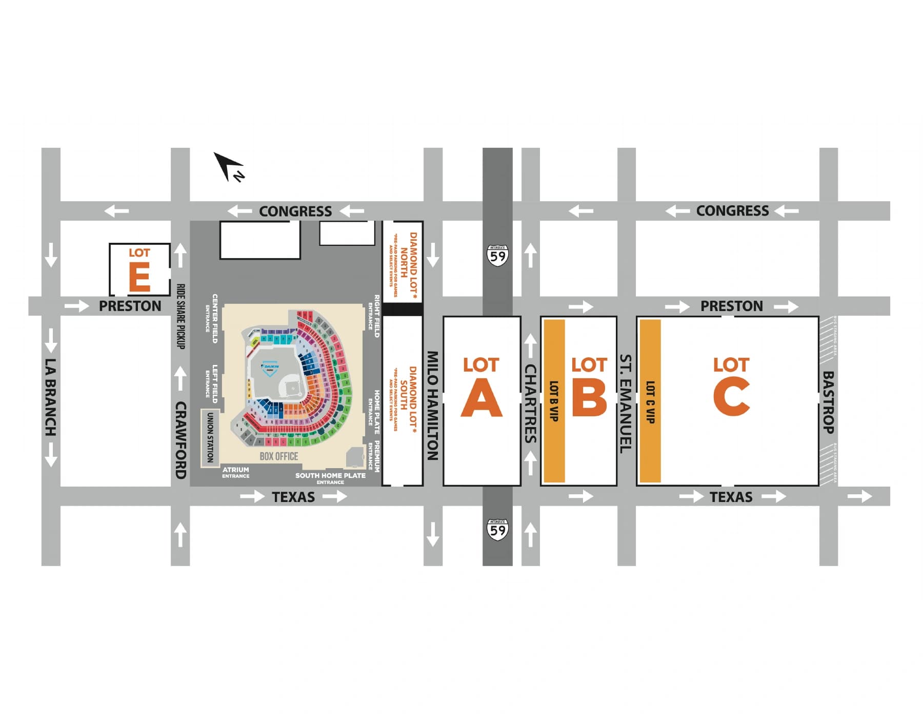 Daikin Park: Venue layout, 2025 owner-linked arrival map · lots, entrances and Crawford rideshare. Use the original map for routes and visitor facilities.