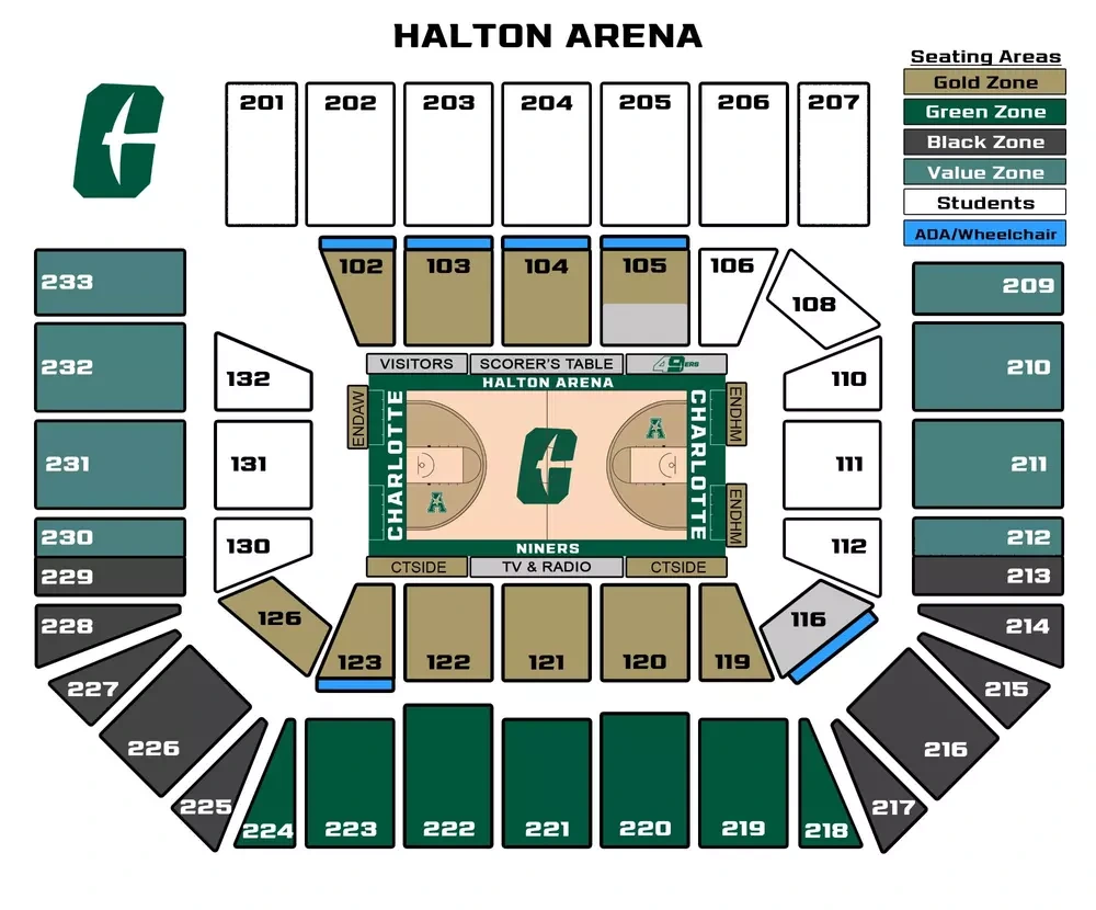 Dale F. Halton Arena: Seating chart, 2023 basketball reference · 100/200 levels and bench sides. Use the source chart for section and row details.