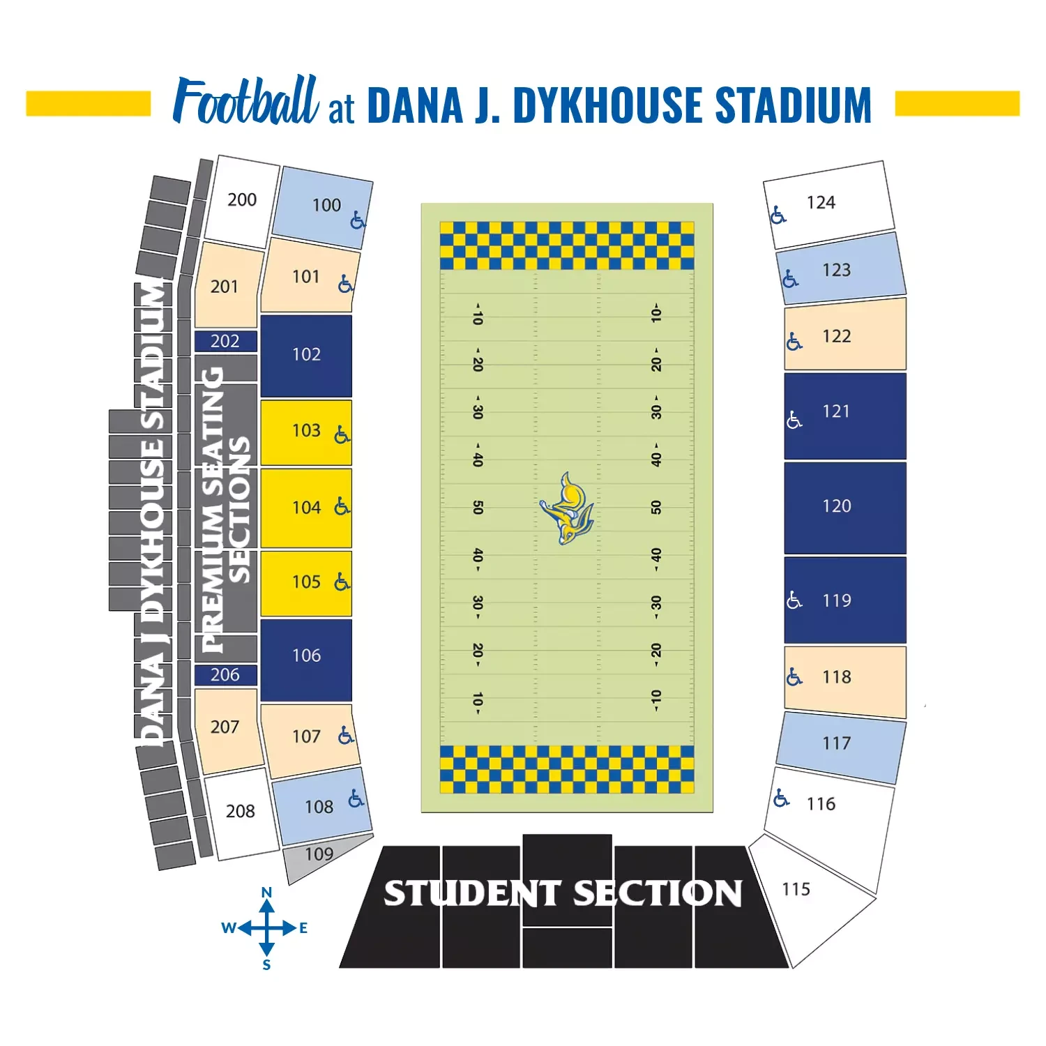 Dana J. Dykhouse Stadium: Seating chart, South Dakota State — current-linked 2025 football section chart. Use the source chart for section and row details.
