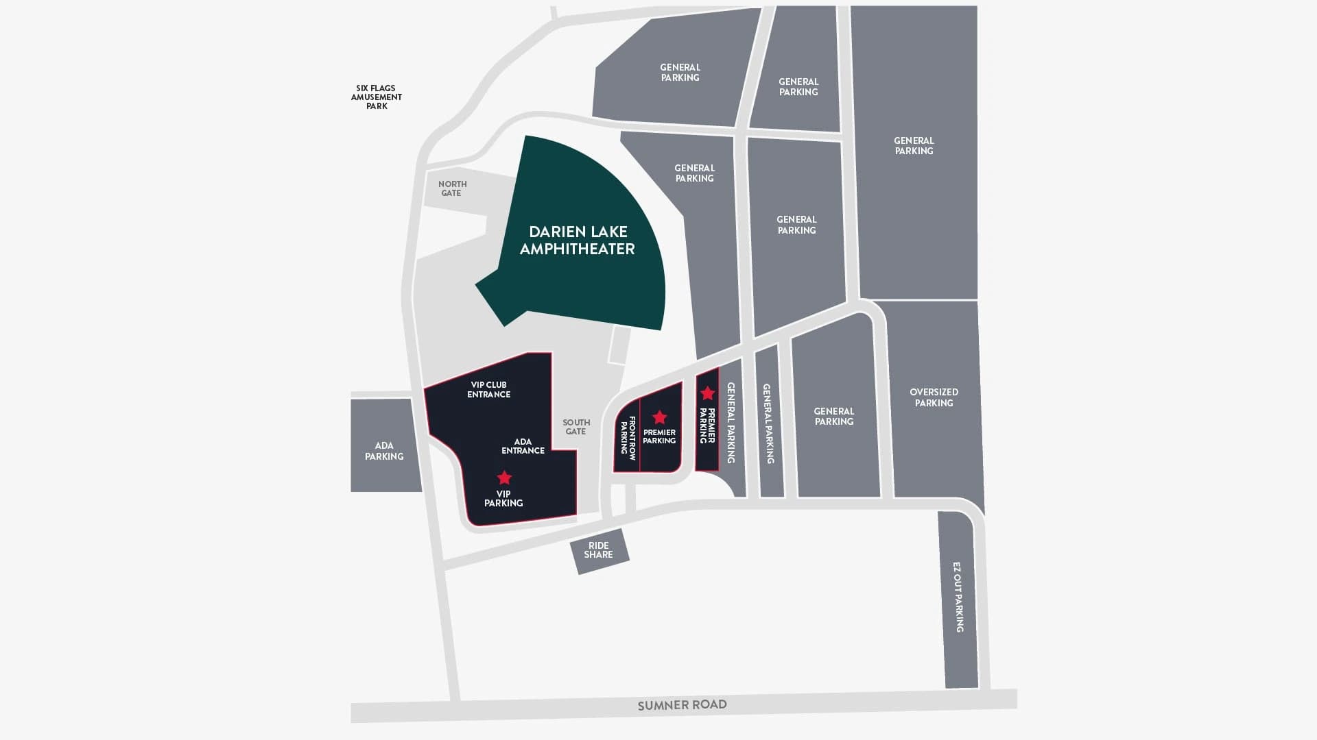 Darien Lake Amphitheater: Venue layout, Darien Lake Amphitheater — parking, gates and rideshare. Use the original map for routes and visitor facilities.