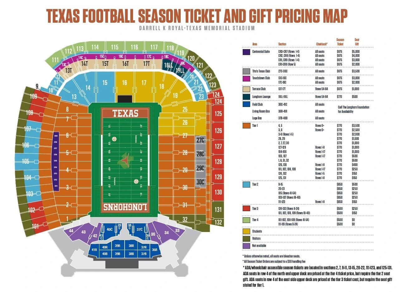Darrell K Royal-Texas Memorial Stadium: Seating chart, Texas Longhorns — football · 2026. Use the source chart for section and row details.