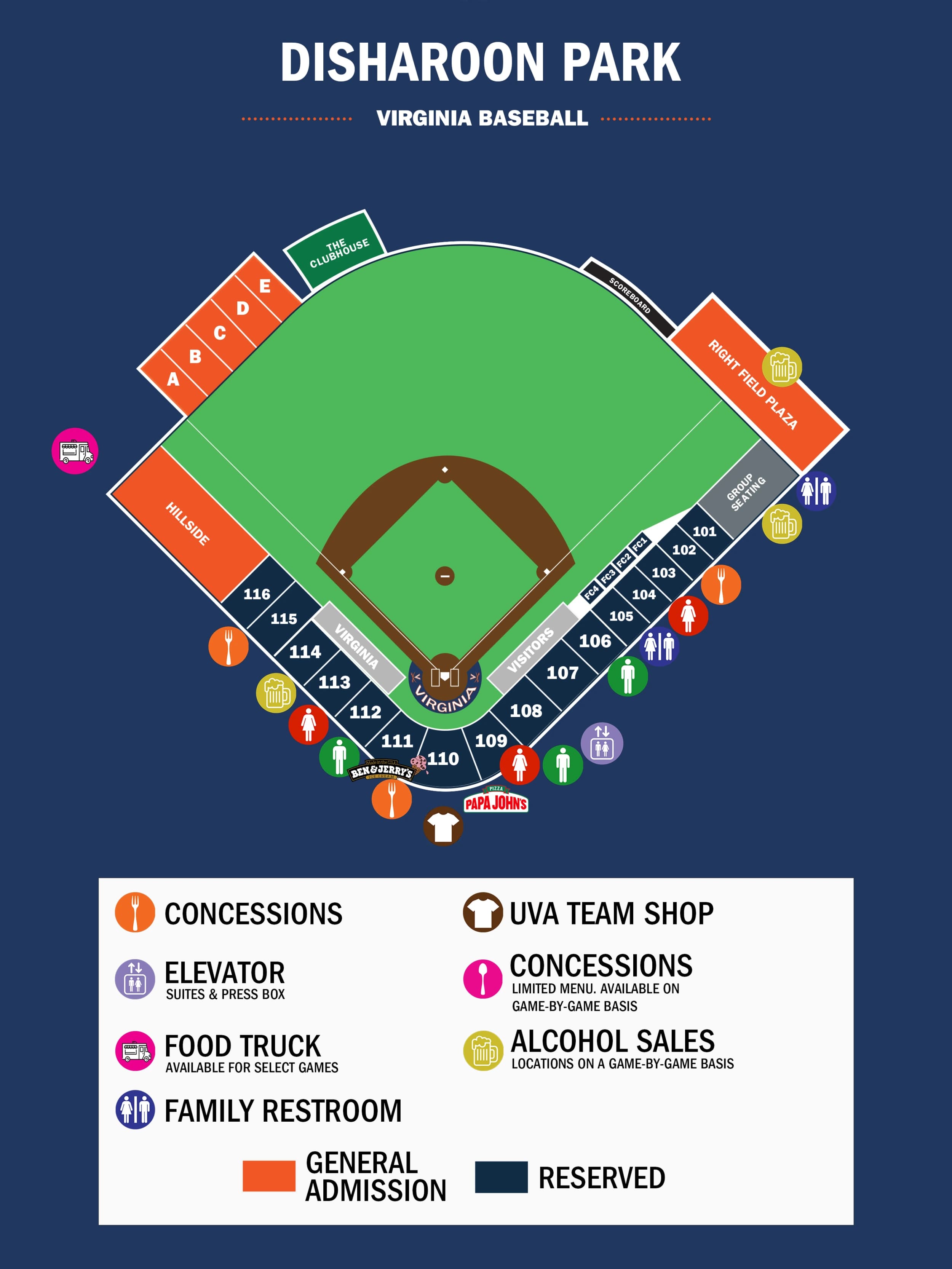 Davenport Field at Disharoon Park: Seating chart, Disharoon Park — official-linked numbered seating and amenities map. Use the source chart for section and row details.