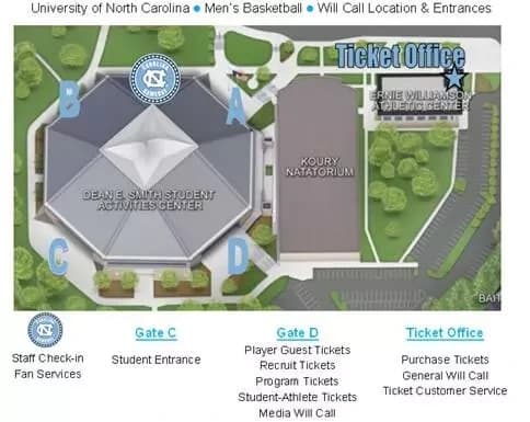 Dean Smith Center: Venue layout, Entrances and will call · 2022 source. Use the original map for routes and visitor facilities.