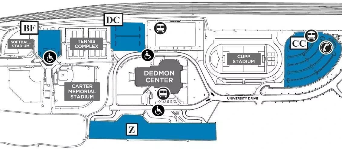 Dedmon Center: Venue layout, Dedmon Center — athletic parking orientation. Use the original map for routes and visitor facilities.