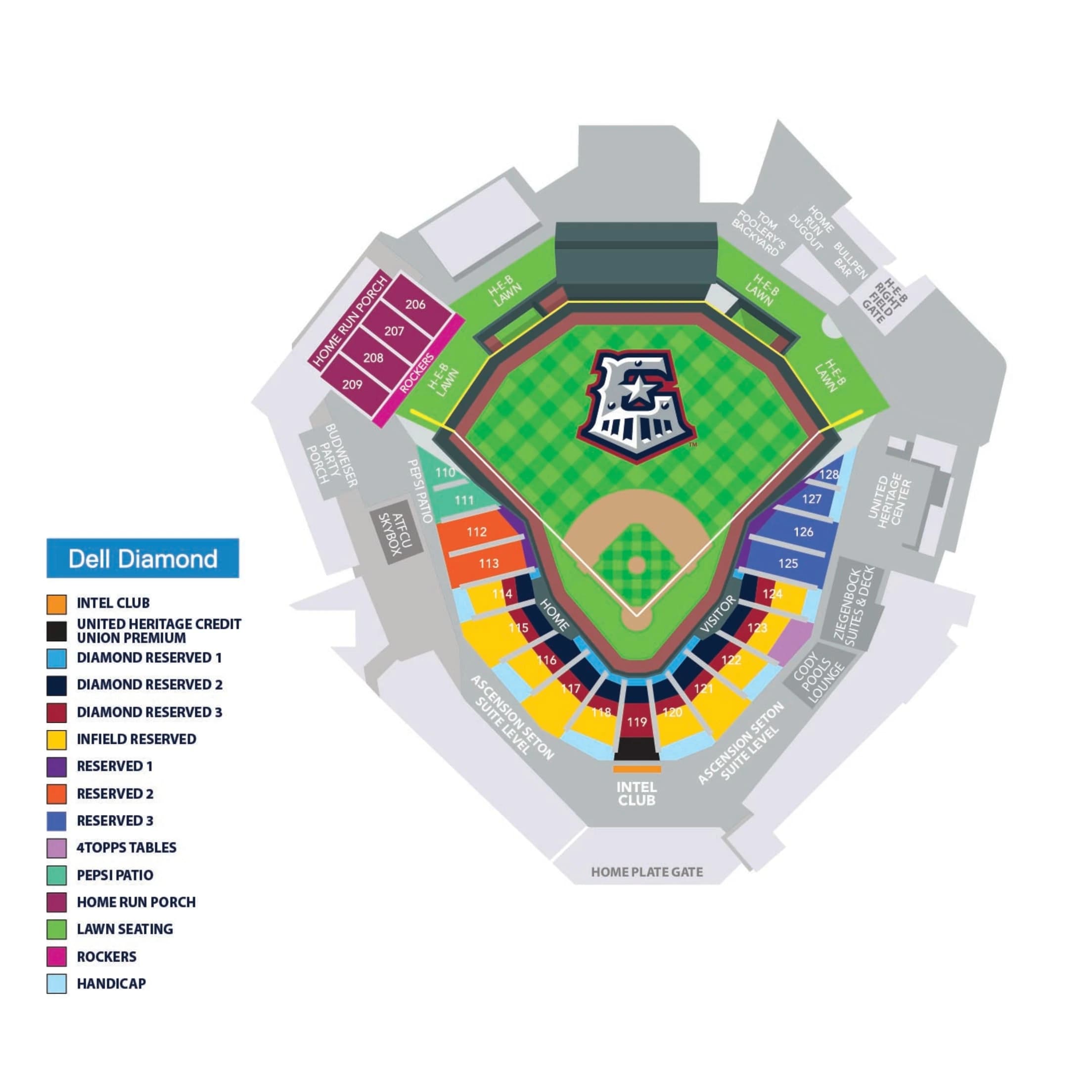 Dell Diamond: Seating chart, Dell Diamond — official 2026 baseball seating and group areas. Use the source chart for section and row details.