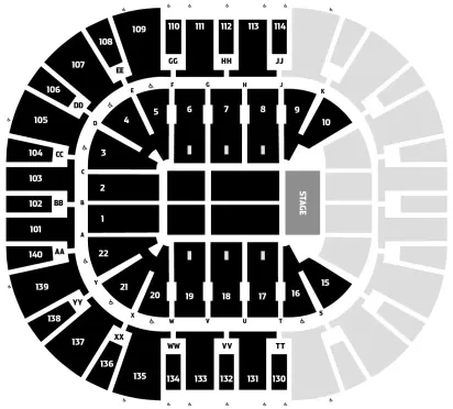Delta Center: Seating chart, Older concert reference · end stage. Use the source chart for section and row details.