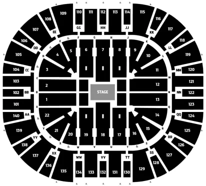 Delta Center: Seating chart, Older concert reference · in the round. Use the source chart for section and row details.