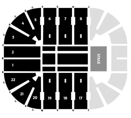 Delta Center: Seating chart, Older lower-bowl theatre-concert reference. Use the source chart for section and row details.