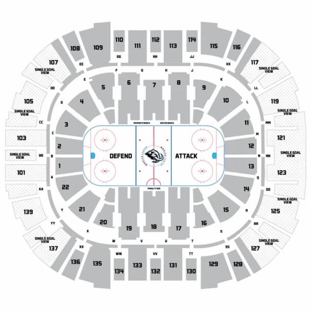 Delta Center: Seating chart, 2025–26 Mammoth hockey reference. Use the source chart for section and row details.