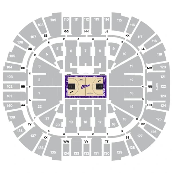 Delta Center: Seating chart, 2025–26 Jazz basketball reference. Use the source chart for section and row details.