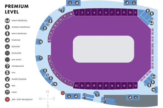 Denny Sanford PREMIER Center: Venue layout, Premium level. Use the original map for routes and visitor facilities.