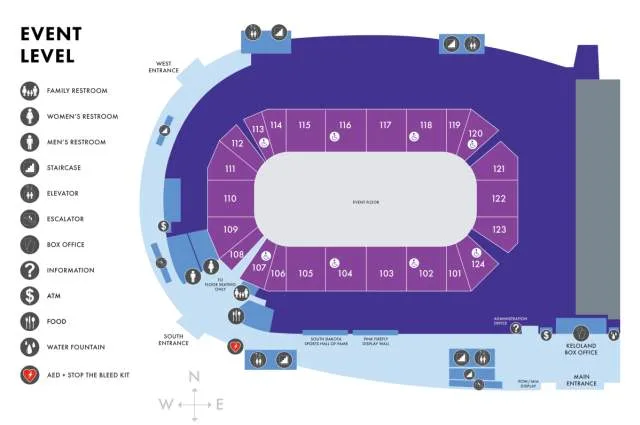 Denny Sanford PREMIER Center: Venue layout, Event level. Use the original map for routes and visitor facilities.